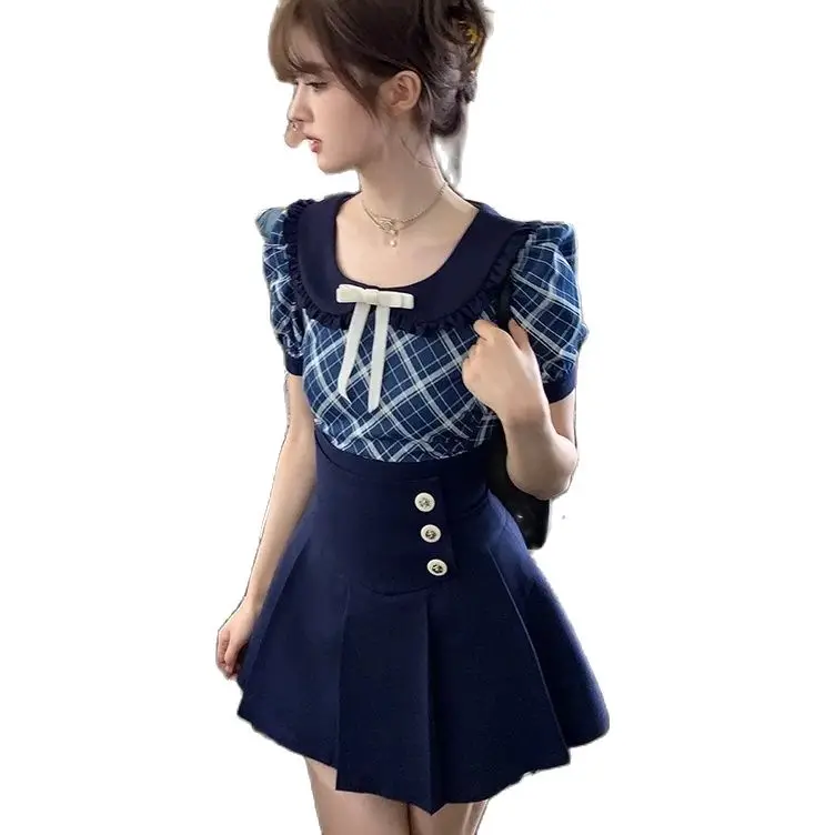 Falda japonesa Kawaii Jk para mujer, traje de diario, falda de cinta para niña, dulce Falda corta de línea A, traje azul, nuevo, 2024