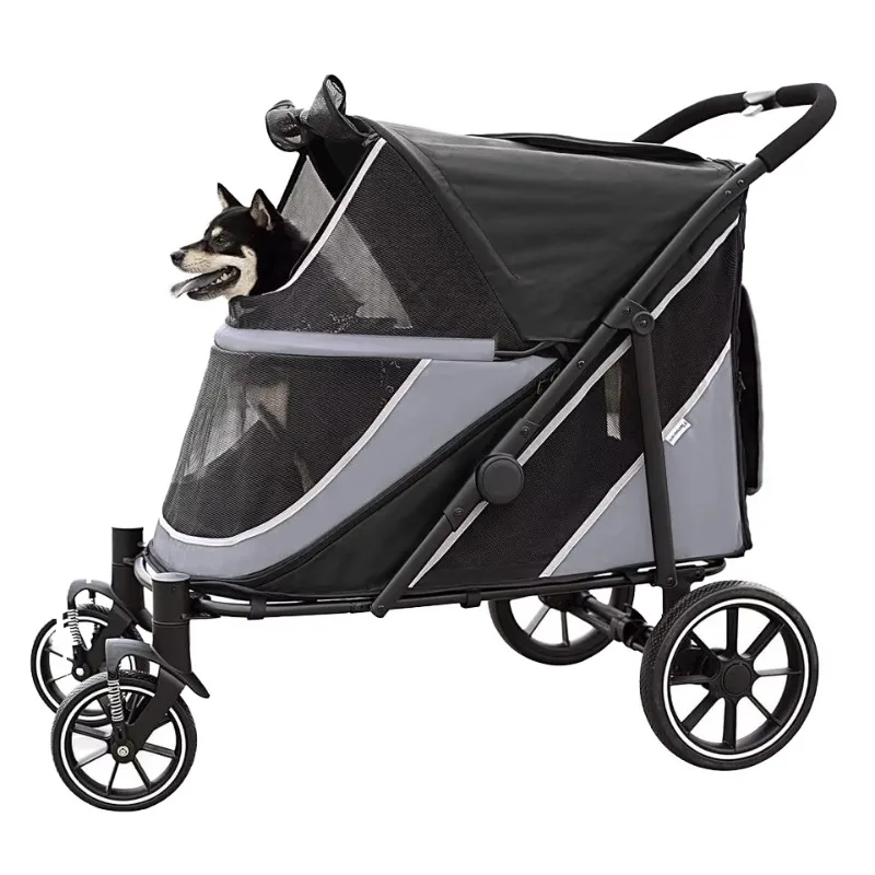 

One-Click Folding Eco-friendly Four-Wheel Dog Stroller for Medium/Large Dogs Oxford Material Extra Large Capacity Storage Pocket
