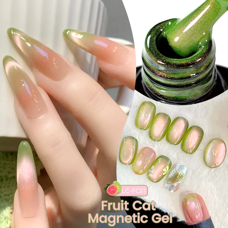 

LILYCUTE 7 мл Guava Cat Магнитный гель-лак для ногтей Зеленые фруктовые стеклянные бусины Гель-лак Soak Off УФ-гель-лак DIY Nail Art Маникюр