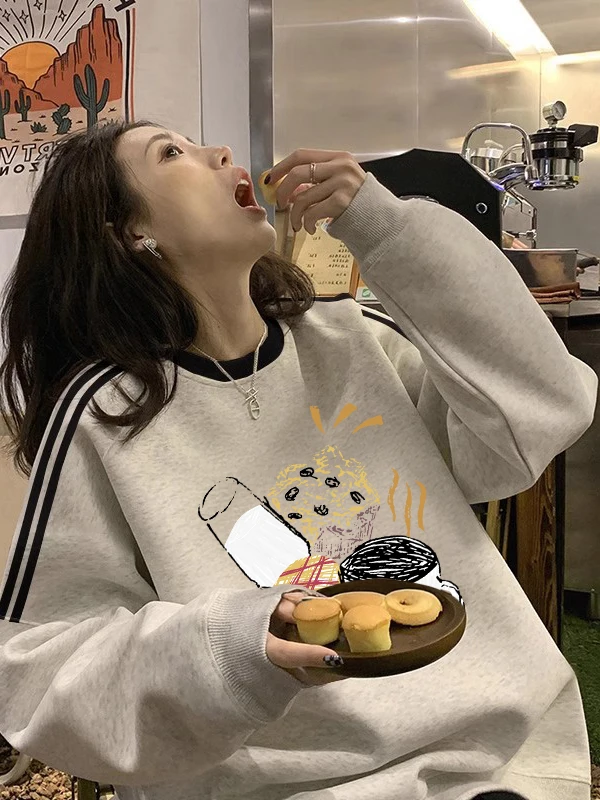 

Cute Casual Cartoon Unique Thin Women's Sweatshirt Three-Strap Loose Outerwear Trendy round Neck Long Sleeve Geometric Animal...