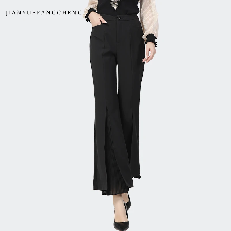 

Women' Spring New Casual Black Cropped Pants High Waist Slim Micro Flared Slit Pants Elegant Office Ladies Bottoms