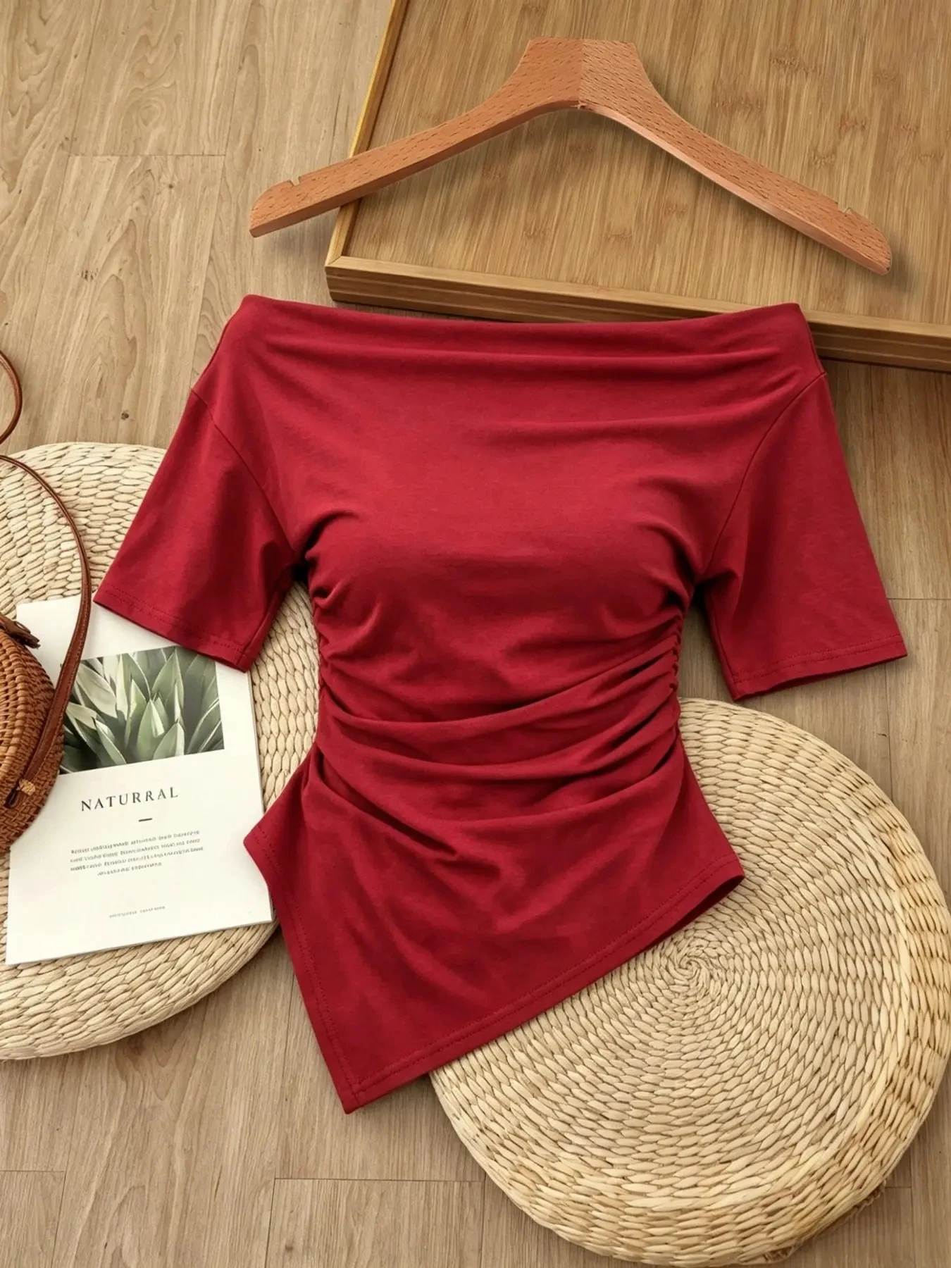 Women Off Shoulder Short Sleeve Cross Ruched Waist Asymmetric Hem Top Slim Fit Y2K Sexy Christmas Holiday Party Casual T-shirt