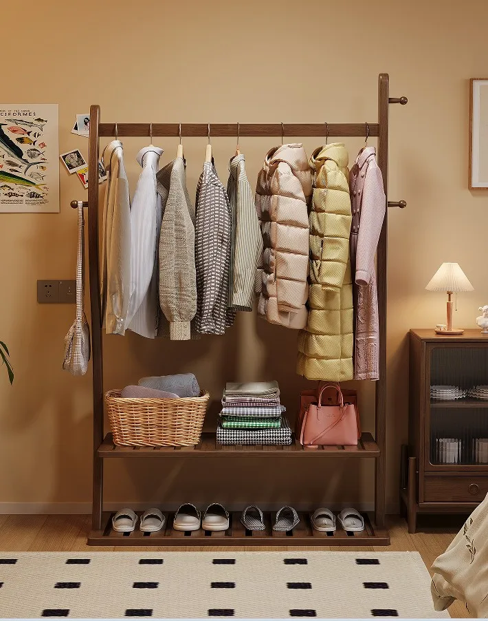 European Solid Wood Floor-Standing Multi-Layer Coat Rack Space-Saving Design for Hospital Bedroom Entryway Storage Shoe Hanging