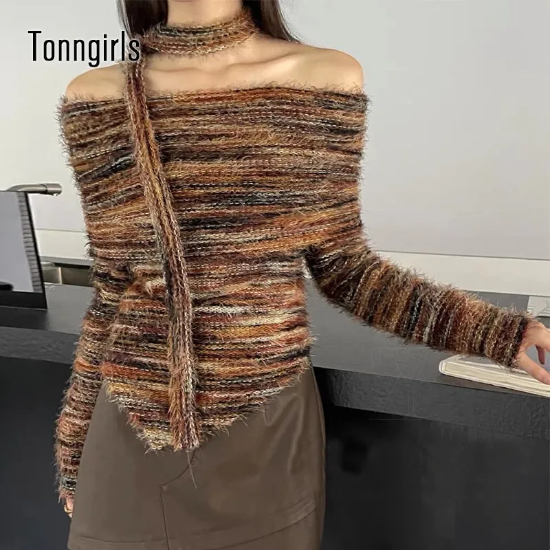 Tonngirls Vintage Tie Dye Sweater Women Knit Slim Cashmere Pullovers Irregual Y2k Retro Tops Streetwear Korean Style Sweater