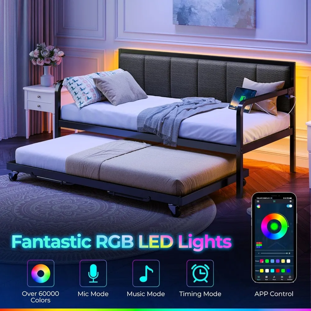 Sofá cama Rolanstar con estación de carga USB y LED, sofá cama doble regulable en altura con nido, estructura de cama tapizada gris con