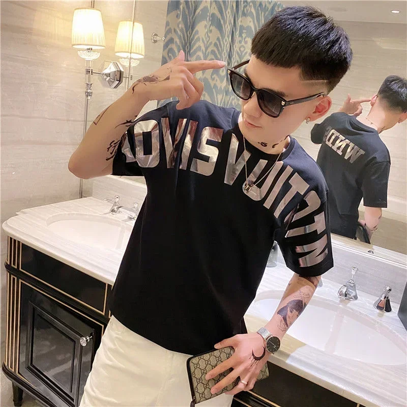 Mens Tee Shirts Men'S T-Shirt Hip Hop Alphabet Trashy Y2K Streetwear Clothes Goth Grunge Top Anime V Neck Short Quarter Slee M20