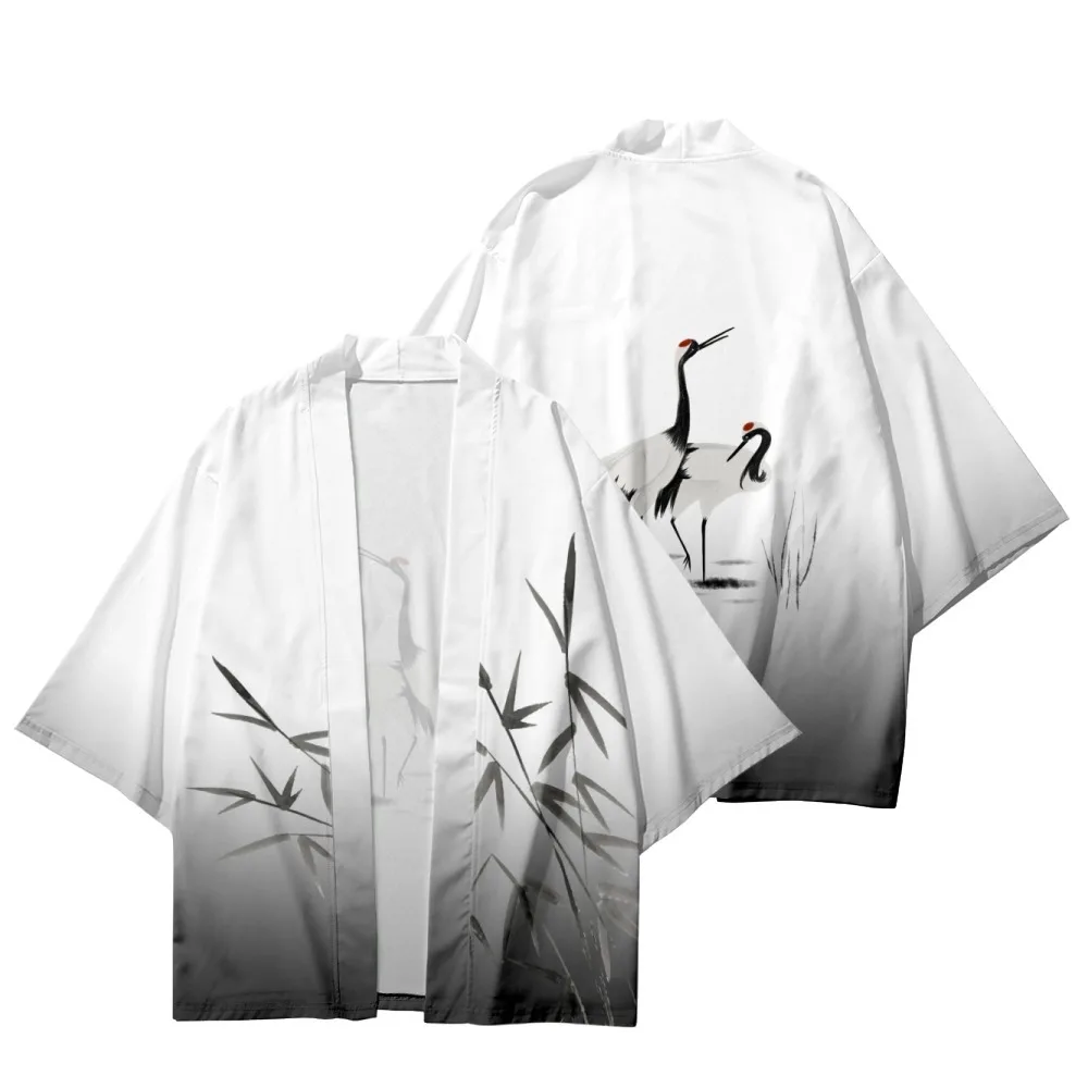 Casual Women Loose Shirts Kimono Summer Beach Fashion Crane Bamboo Print Cardigan Haori Streetwear Men Cloak Tops Plus Size