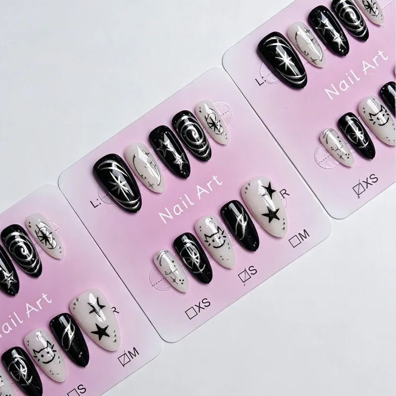 24PCS Y2k Black Almond Press on False Nails Handmade Star Cat Cute Silver Swirl Sweet Cool French Fake Nails Wearable Nail Tips 3