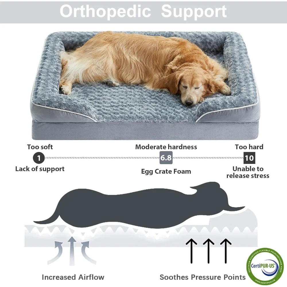 Dog Bed with Waterproof Lining & Non-Skid Bottom, Washable, Orthopedic Egg Foam Couch, Extra Large Bolster Dog Bed