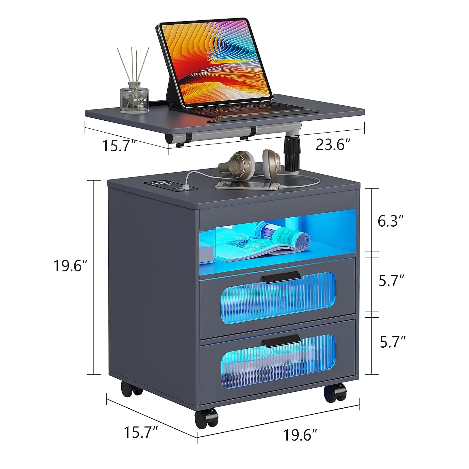 LED Nightstand with Wireless Charging & Rotary Desk, 2-Drawer Bedside Table with Sensor Light & Wheels, Customized