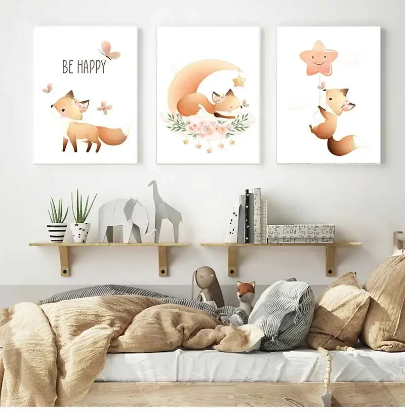 Настенная картина Be Happy Fox, Луна, звезда, Бабочка, fCanvas, постеры и принты в скандинавском стиле, настенные картины для декора комнаты для маленьких мальчиков и девочек