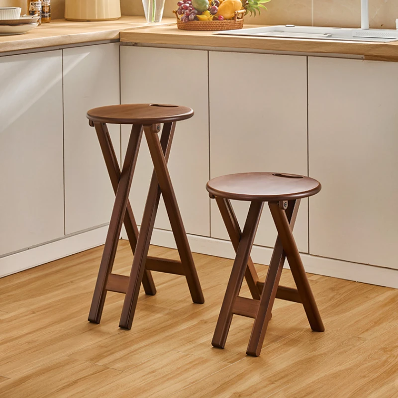 Foldable Bar Stools Thickened Bamboo Kitchen Dining Stool Adjustable Height Round Seat Easy-Install Backrest Chairs