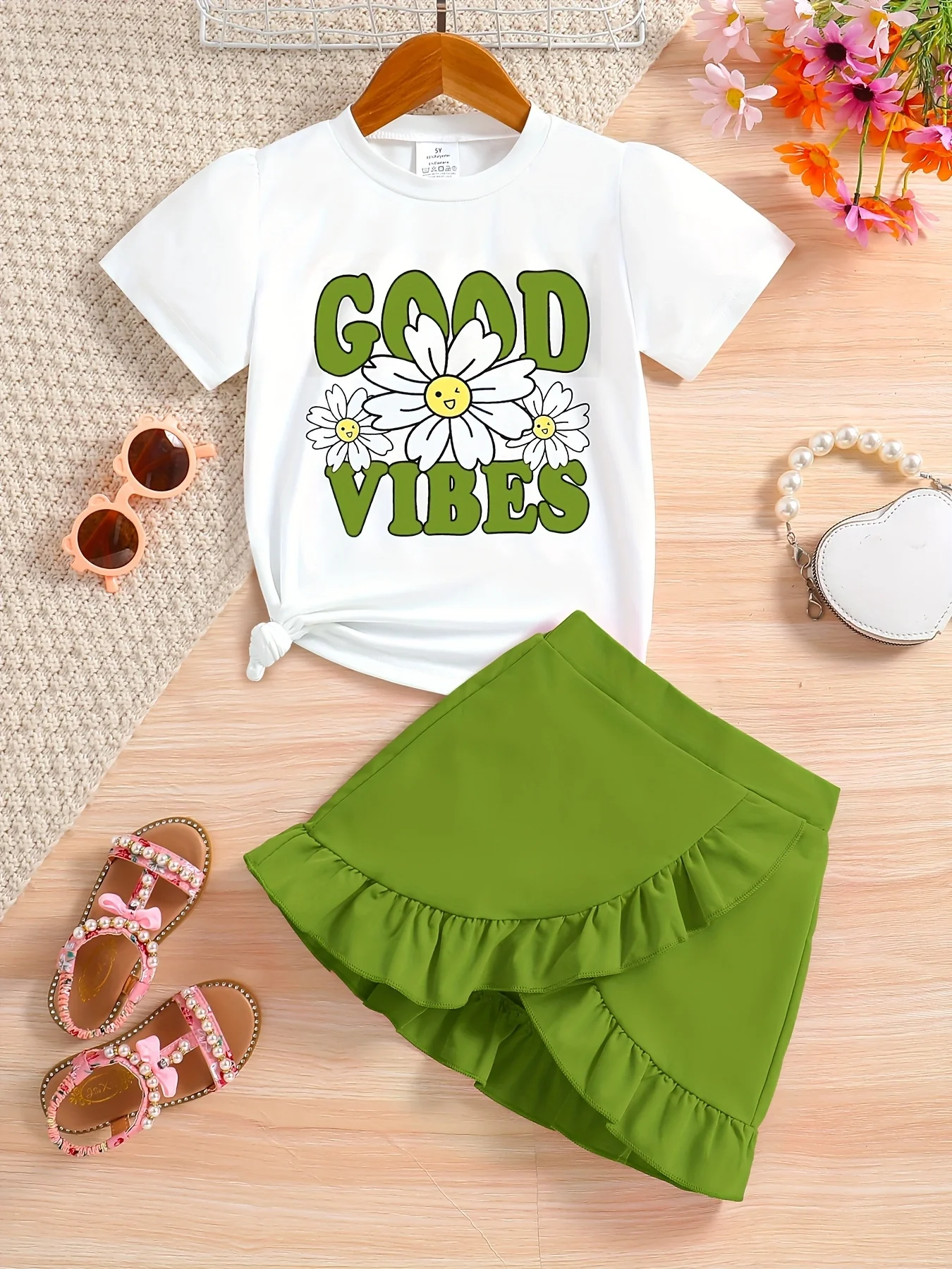 2 piece Summer Girls Cool Breathable thin T-shirt + Skirt - Green