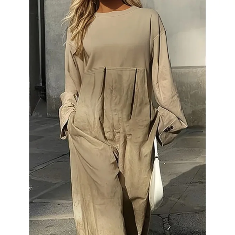 بدلة قفز نسائية طويلة من القطن والمشمش لخريف وشتاء 2025 غير رسمية بياقة دائرية وأكمام طويلة بطيات قطعة واحدة 178973 #3