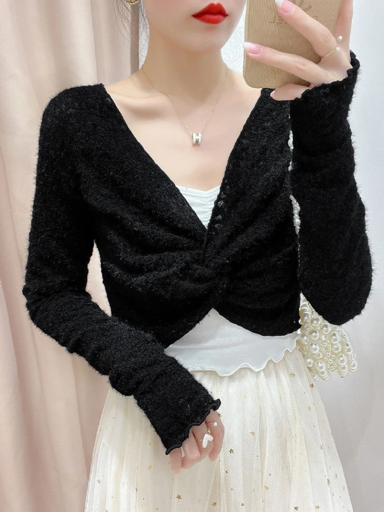 

Cropped Lace Blouses Women Long Sleeve Clothes Elegant Ladies Ins Casual Simple Smock Fashion Spring V-neck Tops Tender Minority