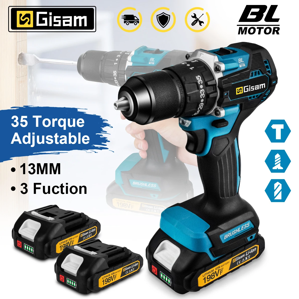 Gisam 13mm 35+3 Torque Brushless Electric Impact Drill Cordless Drill Electric Screwdriver Power Tools For Makita 18V Battery