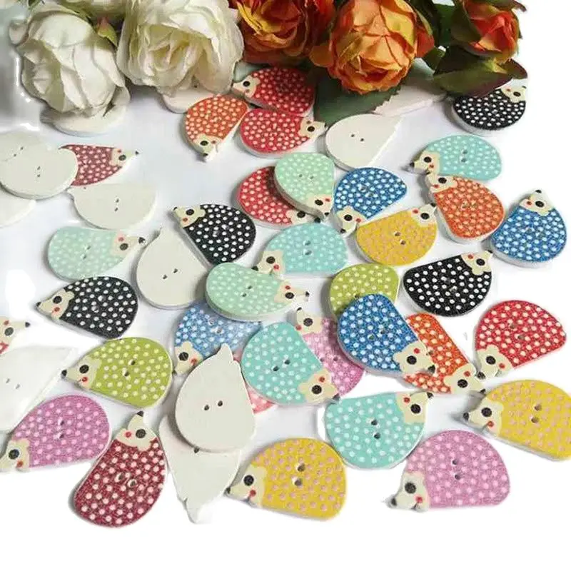 50pcs/pack mix Pattern Hedgehog   tons Cartoons Wooden button sewing clip   decoration accessories   2 Holes 17x25mm