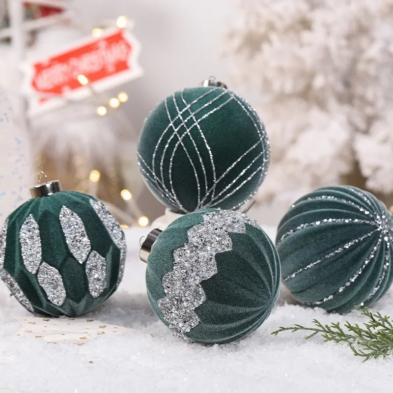 10cm 4pcs Christmas Ball Ornaments Flocking Red Christmas Tree Party Decoration New Year Christmas Spheres Pendant 2024