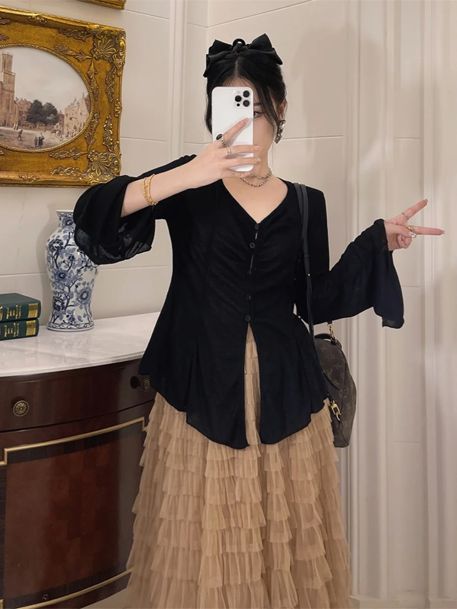 

Легкий свободный кардиган с V-образным вырезом и рукавами-колоколами для защиты от солнца, модная повседневная женская кофта с длинными рукавами