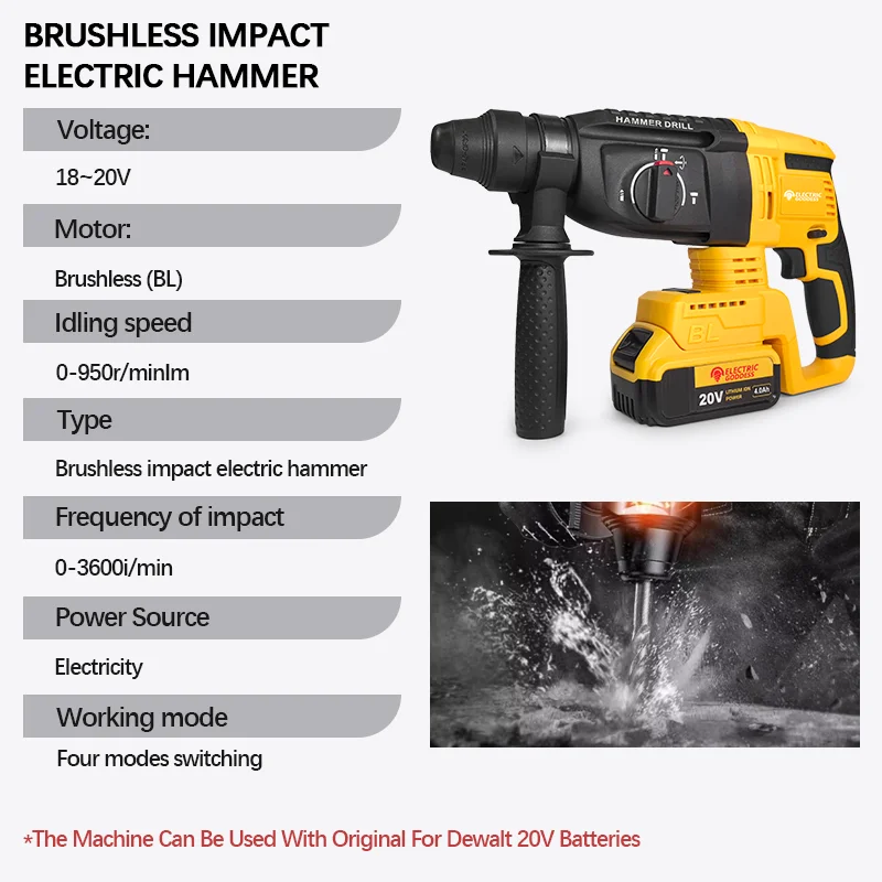 Déesse électrique 26 mm sans balais pour batterie Dewalt 21 V Marteau à percussion électrique multifonctionnel Outil électrique pour marteau perforateur rotatif