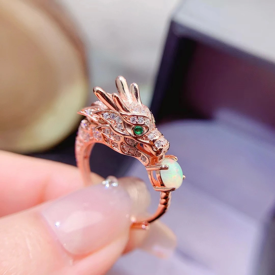 Natural White Opal Ring for Party Sterling Silver Chinese Loong Ring with Gold Plated 925 Silver Australian Opal Jewelry