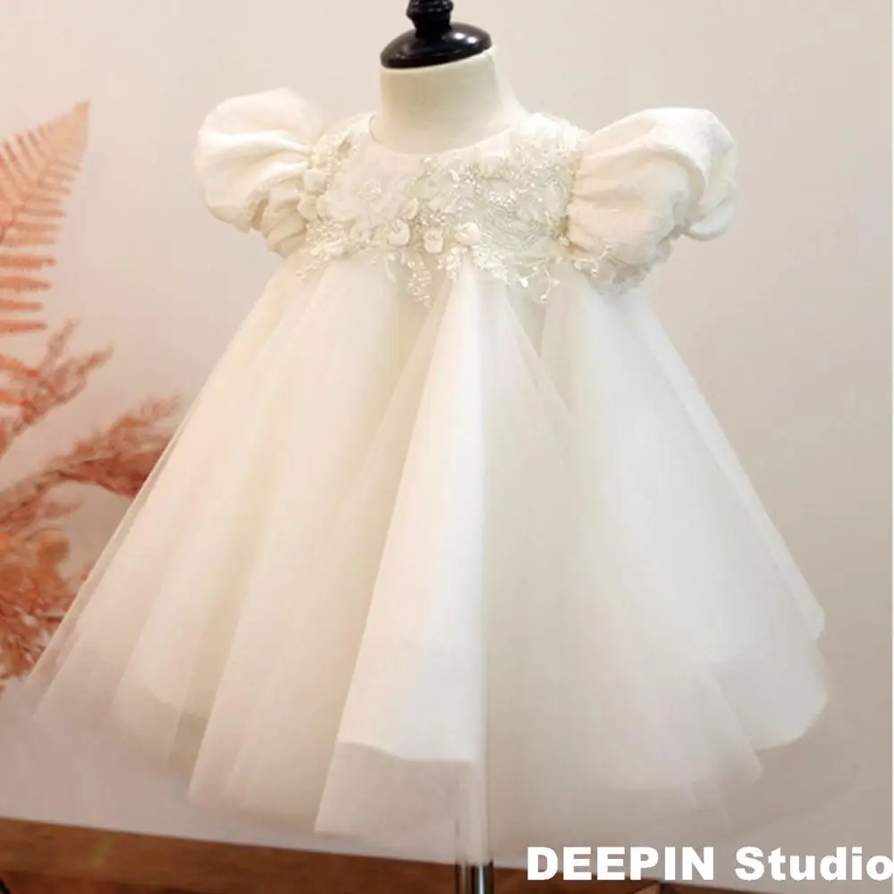 

2024 New Baby 1st Birthday Wedding Party Dress Girls Princess Robe Lace Bow Dresses For Girls Baptism Clothes Boutique Ball Gown