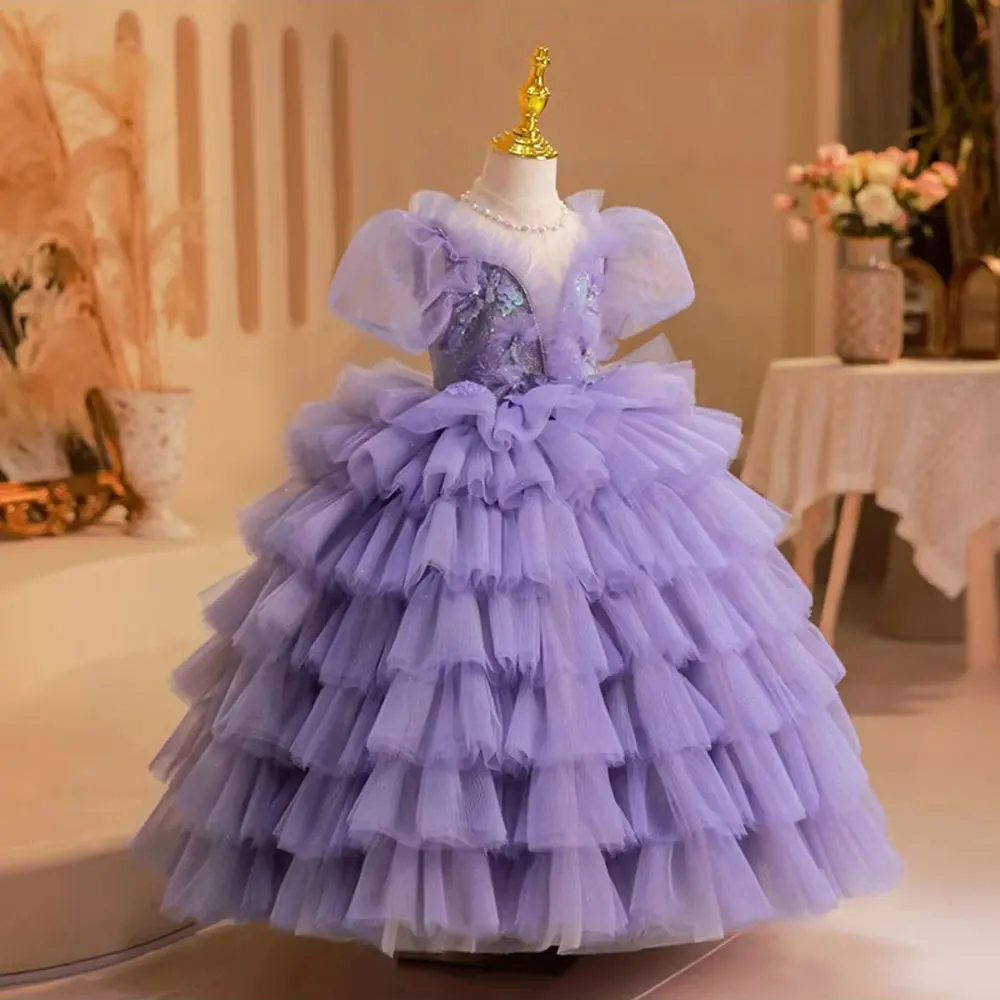 Jill Wish Elegan Luxury Lilac Girl Dress Beading Arabic Princess Kids Wedding Birthday Party Ball Gown Holy Communion 2024 J244