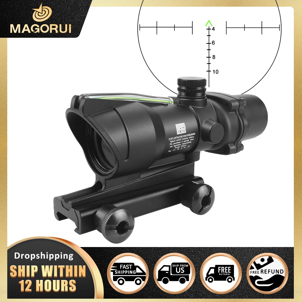 

Magorui ACOG 4X32 AR15 Riflescope Hunting Fiber Optics Red Dot Illuminated Chevron Glass Etched Reticle Tactical Optical Sight