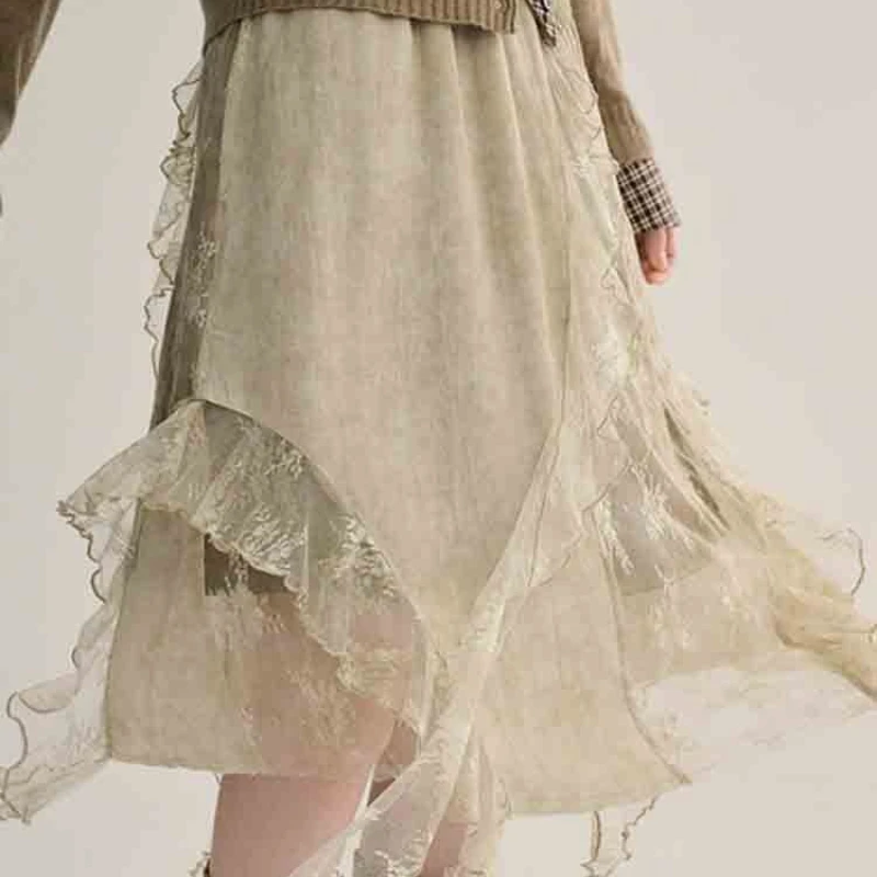 

Romantic Relaxation Printed Lace Lace Splicing Elastic Waist Skirt