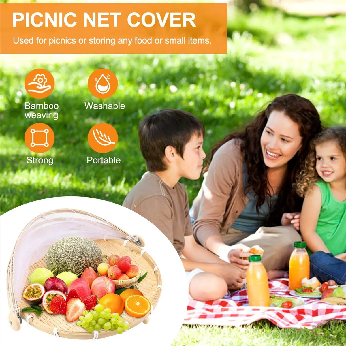 AA77 NEW Hand-Woven Food Tent Basket Tray Fruit Vegetable Bread Storage Basket Simple Atmosphere Outdoor Picnic Mesh Net Cover
