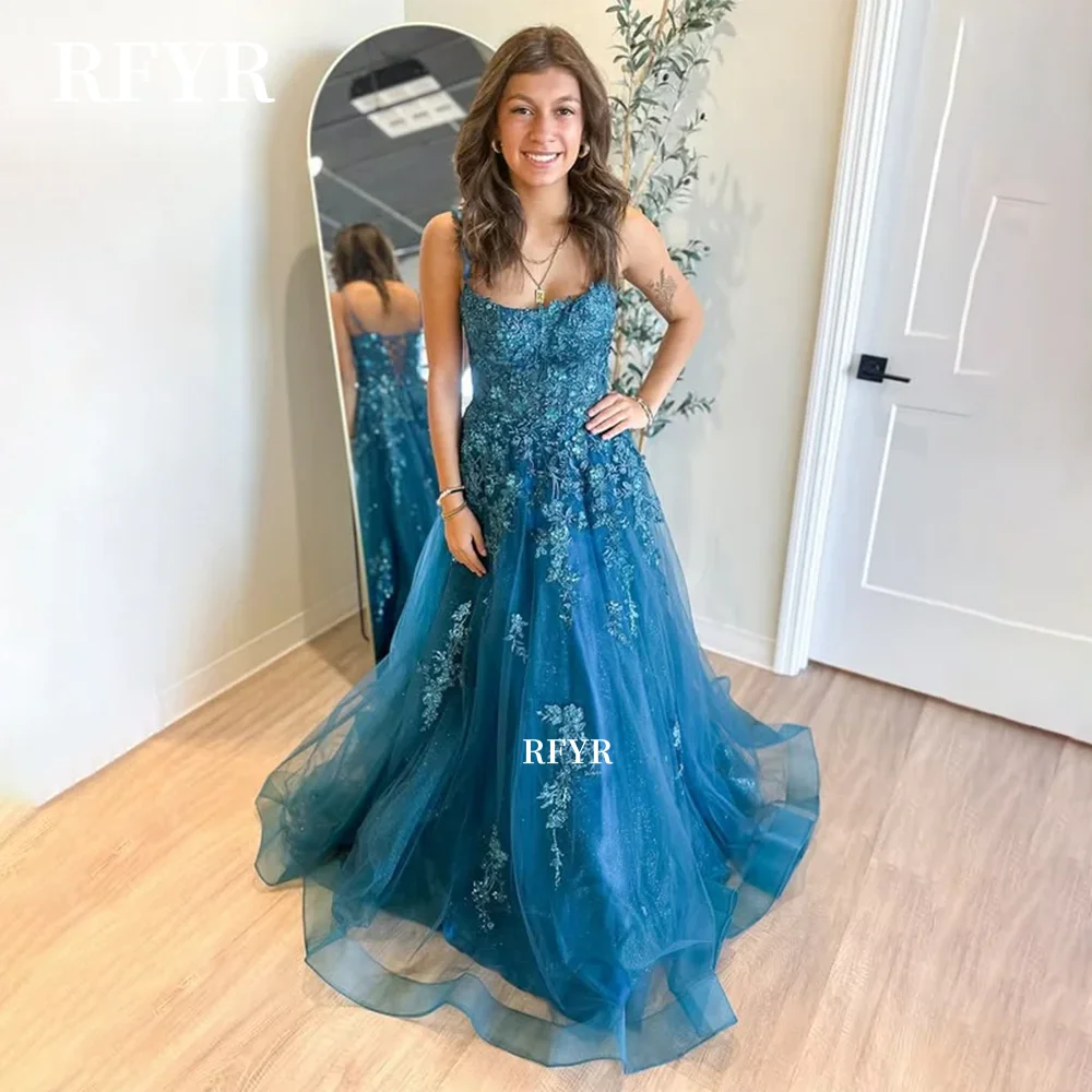 

RFYR Straps Prom Dress Lace Applique Evening Gowns Princess A Line Party Dress for Women vestidos Customized