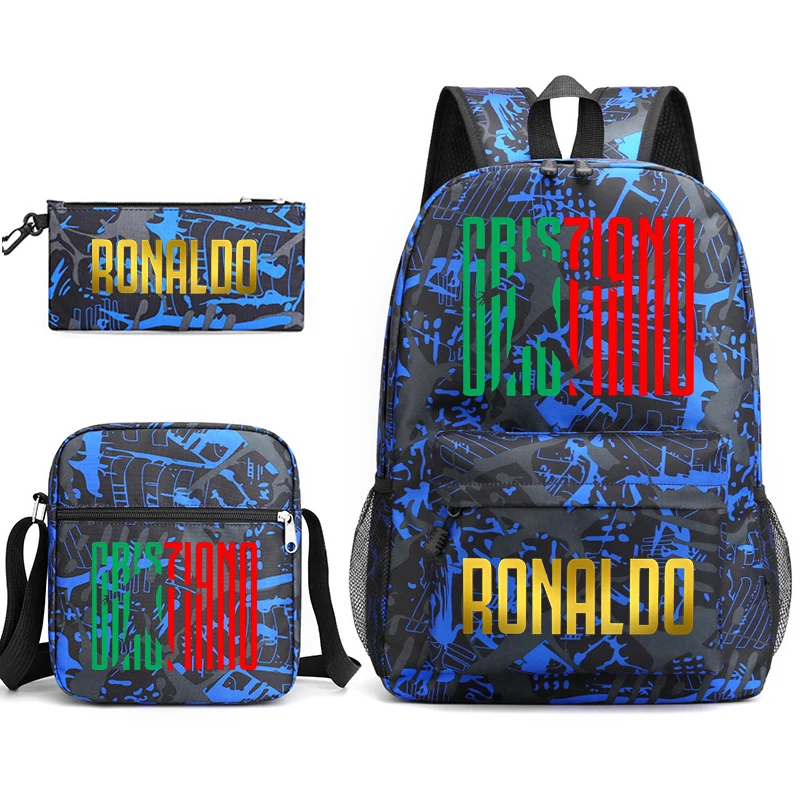 Ronaldo printed children\'s backpack set student school bag shoulder bag pencil case 3-piece set suitable for boys and girls