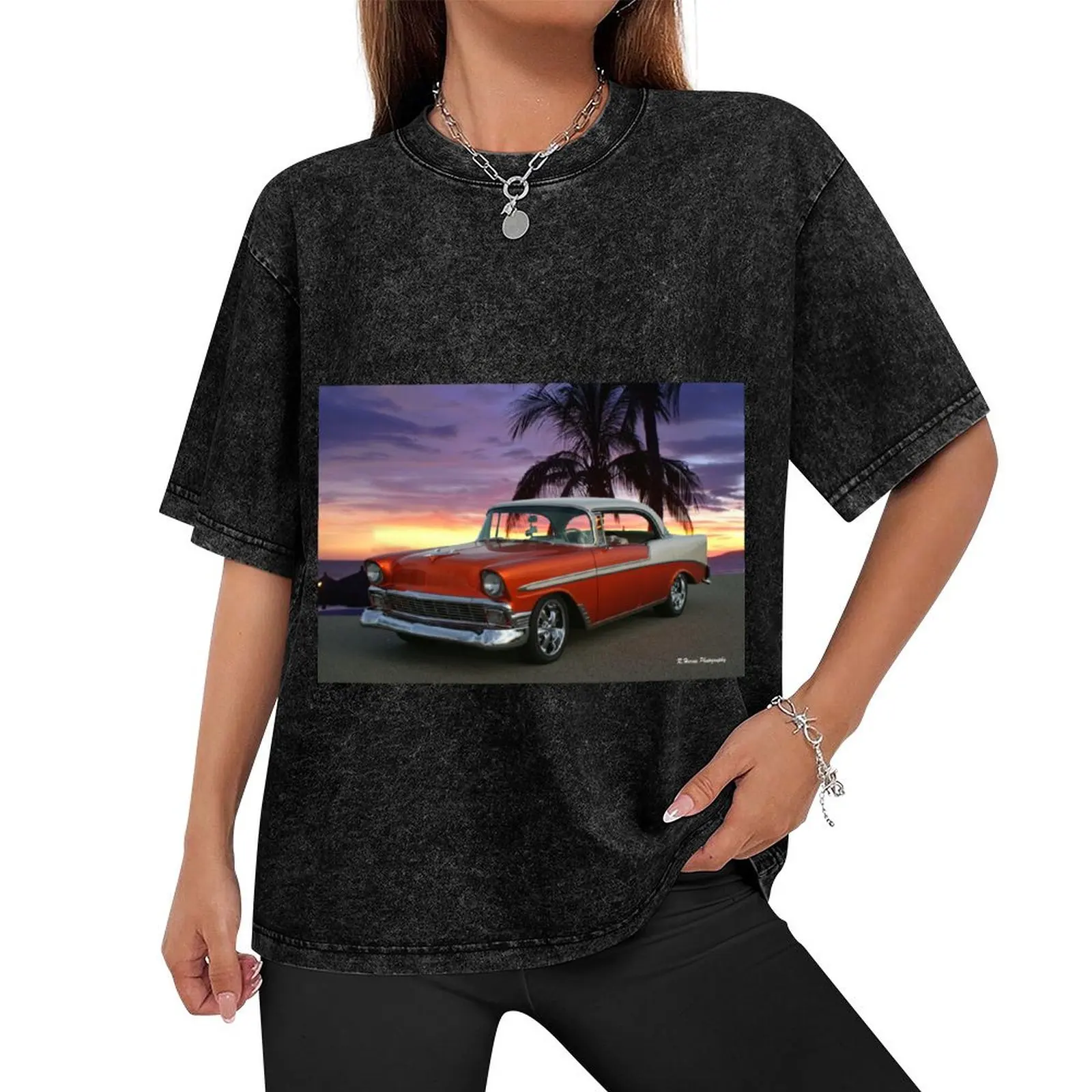 1956 Chevy Belair on the beach with Palm Trees T-Shirt graphics essential t shirt big and tall t shirts for men