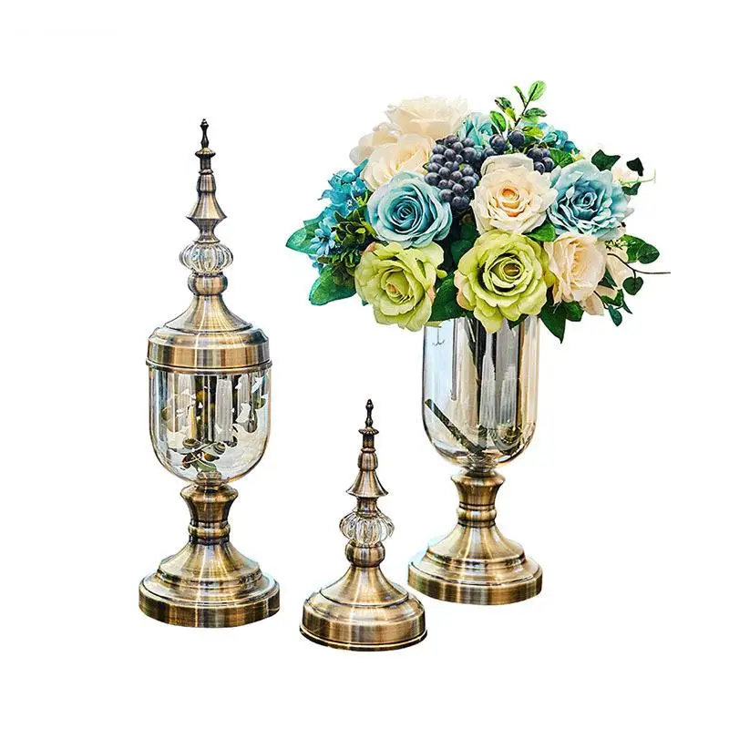 Imagem -06 - Europeu Retro Vaso de Vidro Metal Dourado Artesanato Vasos Florais Decorativos Desktop Ornamentos Inserção de Flores Antique Home Decor Pcs por Conjunto