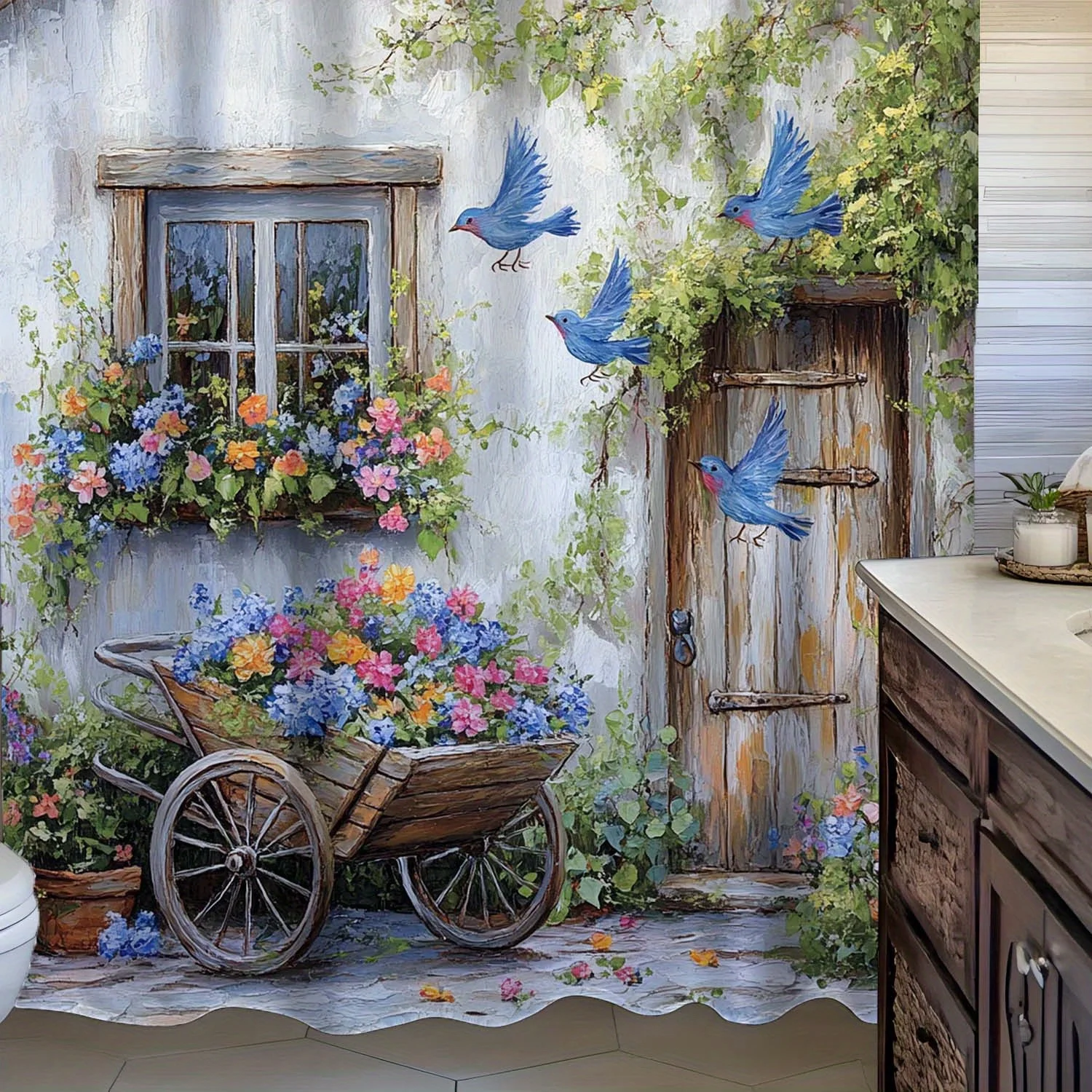 Watercolor Cottagecore Floral Garden Shower Curtain Blue Birds Rustic Vintage Bathroom Decor Woodland Fairy Nature Scene