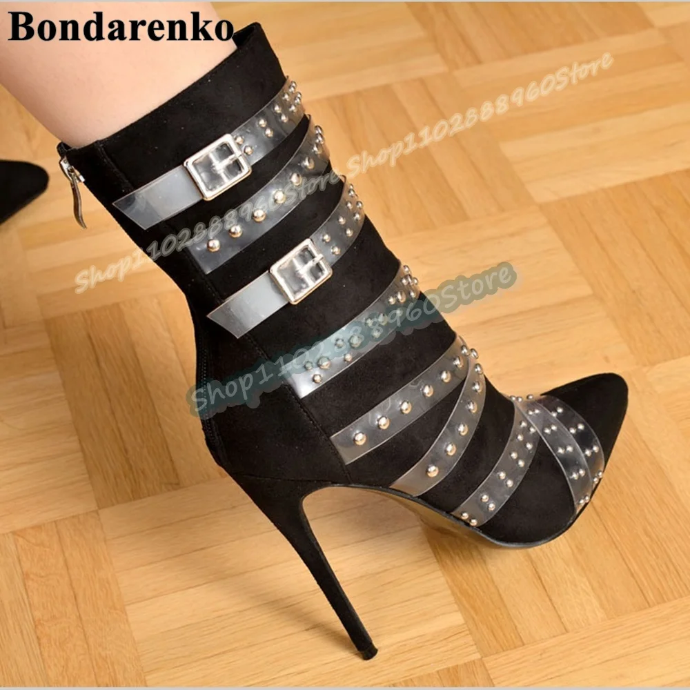 

Black Flock Transparent PVC Strap Ankle Boots Stilettos High Heel Women Shoes Back Zipper Pointed Toe Stylish Zapatos Para Mujer