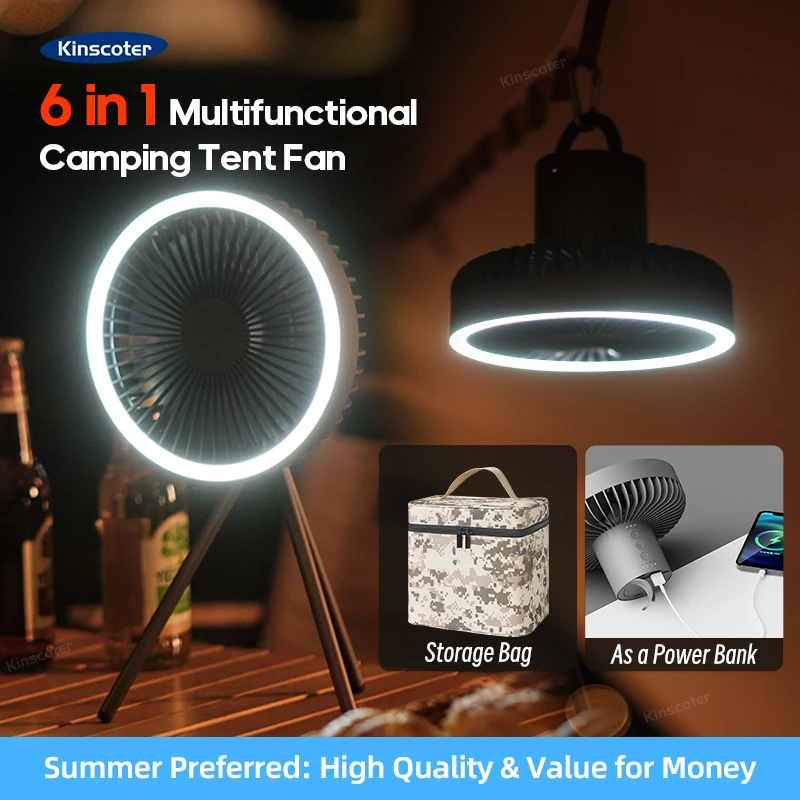 10000mAh Camping Fan Rechargeable Desktop Portable Circulator Wireless Ceiling Electric Fan with Power Bank LED Lighting Tripod