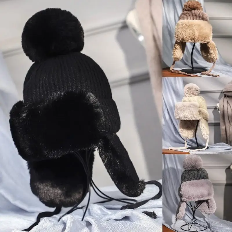 P88A النساء الشتاء متماسكة بوم بوم الصياد قبعة سميكة رقيق أفخم الحرارية الدافئة الثلوج التزلج يندبروف بلون قبعة غطاء للأذن #3