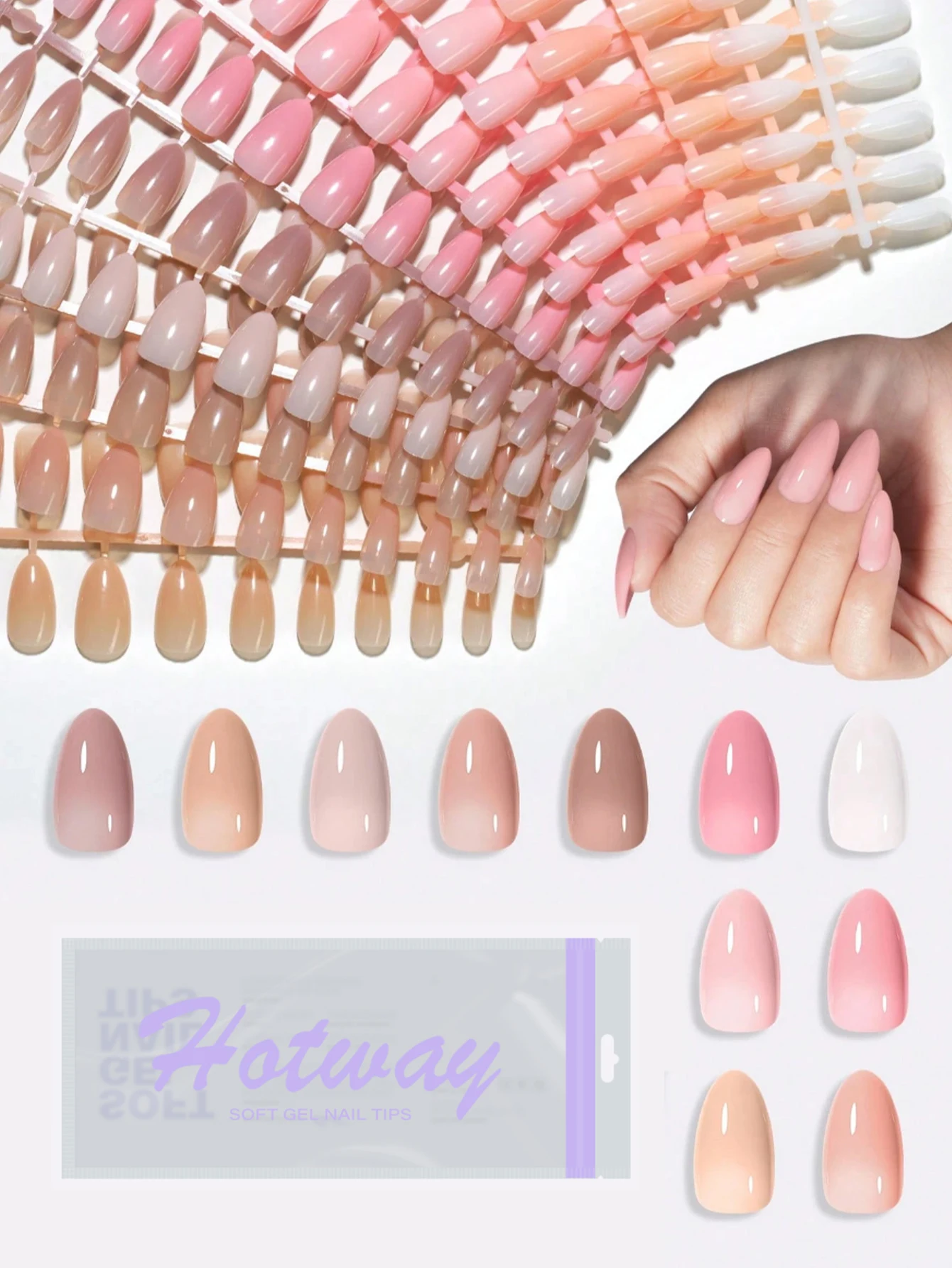 HOTWAY Hailey Nails 112/120/192/280/576 Short Medium Almond Long Trapezoidal Solid Color Nail Stickers, Light Brown, Naked Pink,