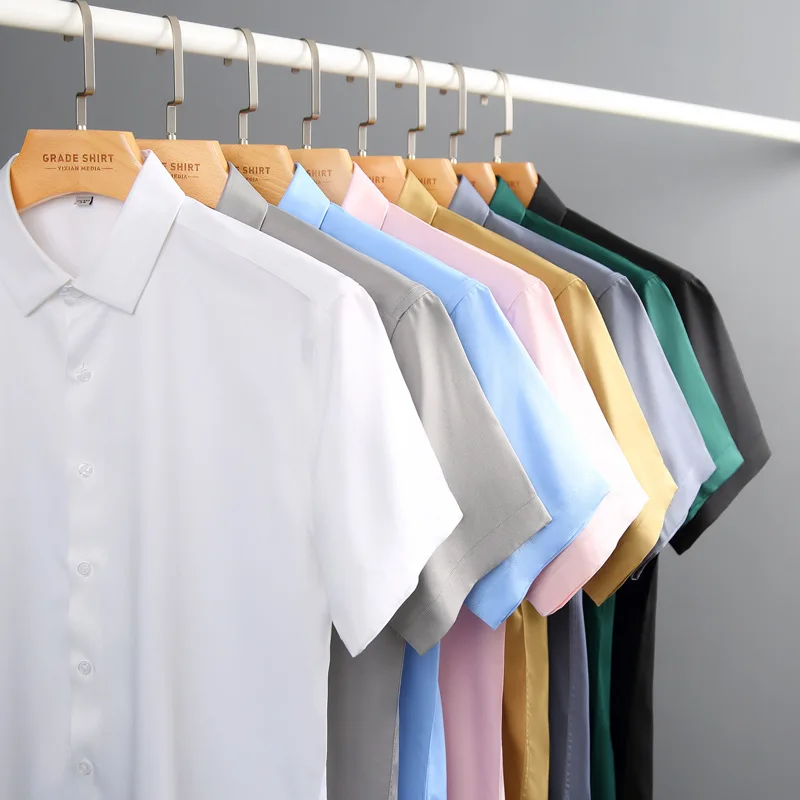 Summer Men's Shirt Non-Ironing Anti-Wrinkle Business Casual Solid Color Elastic Smooth Short Sleeves Work Social Shirt S-6XL