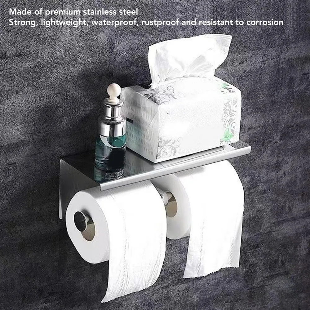 Stainless Steel Toilet Paper Holder Black Silver Wall Mounted Toilet Paper Shelf Holder Practical Rustproof