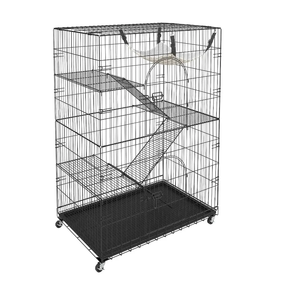 

Catio 4Tier Large Cat Cages Indoor Detachable Metal Playpen Enclosure with 360° Rotating Casters with 3 Ladders and a Hammock