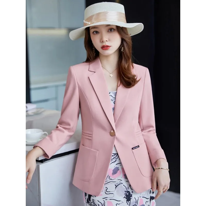 Spring Autumn Women Suit Blazer 1 Piece Pink Black One Button Slim Fit Jacket Lady Business Work Wear Formal Coat Cotton Outfit