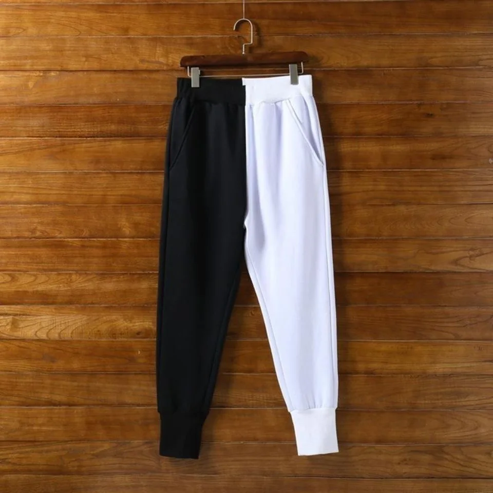 Streetwear New Summer Autumn Trend Harem Pants Men Black And White Left And Right Two-Color Stitching Nine-point Pants Spring