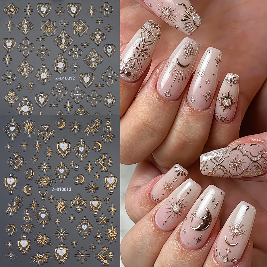 2pcs Gold Silver Nail Art Stickers 3D Embossed Vintage Metallic Nail Decals Heart Star Moon Sun Bohemian Nail Sticker Manicure