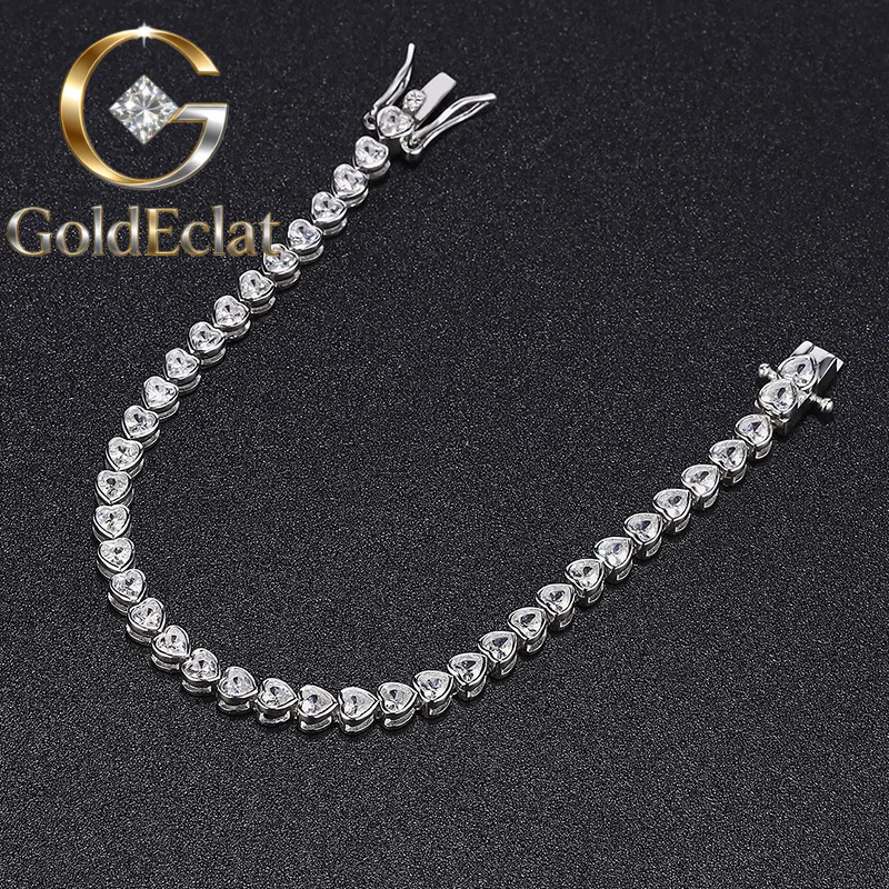 

Браслет GoldEclat Luxury из цельной платины PT950 для женщин, 3 мм, с сердечками, с муассанитами и бриллиантами, теннисная цепочка