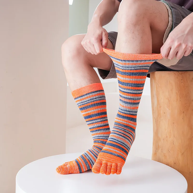 

3 Pairs Large Compression Sport Calf Socks with Toes Long Men's Striped Young Colorful Fitness Outdoor Hiking 5 Fingers Socks
