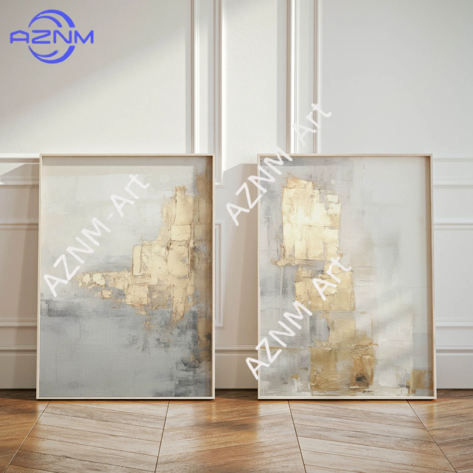 1/2 Stück Minimalistische Abstrakte Wandkunst, Set aus 2 Drucken, Goldton Neutrale Wandkunst, Große Wohnzimmerdekoration, Graue Schlafzimmer-Wandkunst