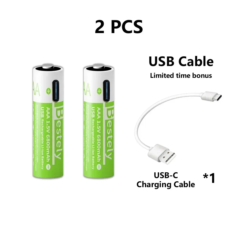 2025 Pro 1,5 V AAA 6800 mAh oplaadbare batterij, Type-C snel opladen Li-ionbatterijen, 2000 cycli LED-indicator met gratis kabel