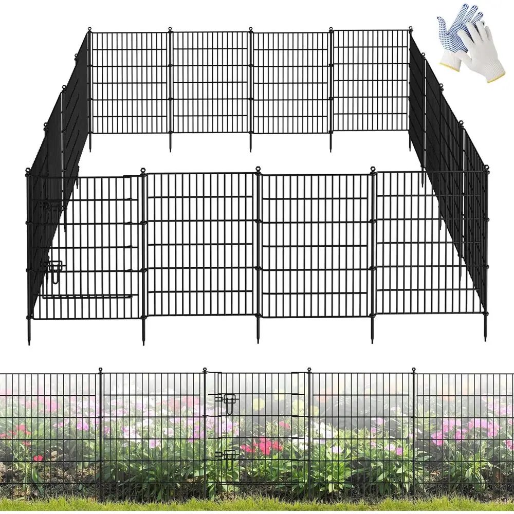 

16-панельный садовый забор, металлические панели с защитой от ржавчины - 32 дюйма (В) × 37,8 футов (Д), садовый забор-барьер для животных с воротами, уличный забор для собак